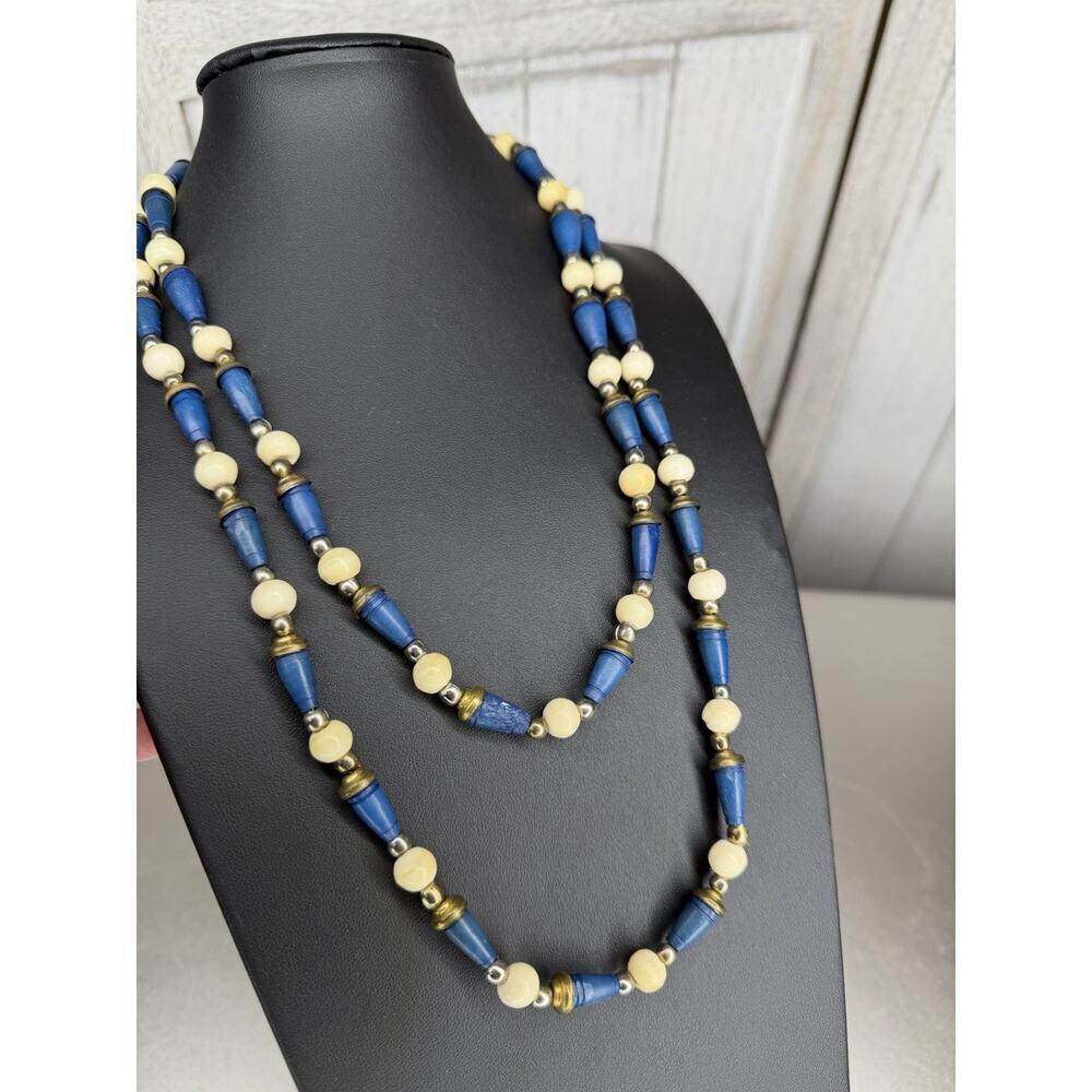 Vintage Double Strand Navy Blue and Gold Necklace Beaded 70s 80s